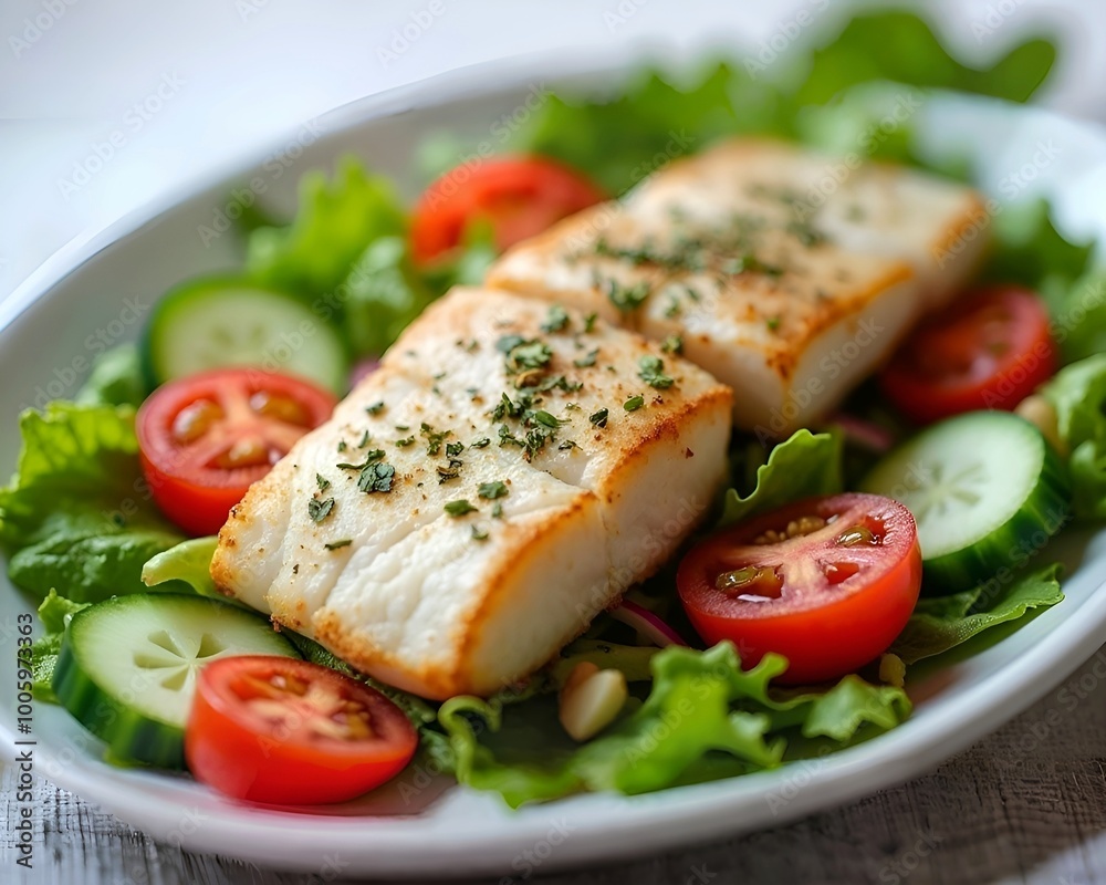 Flaky white fish with seasoning on salad