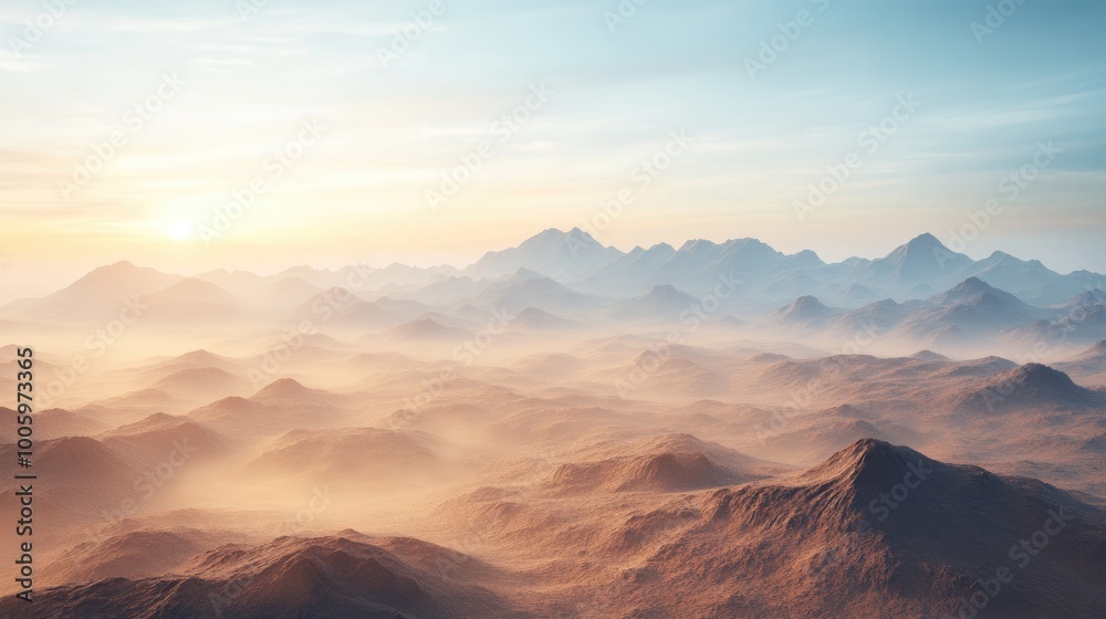 Naklejka premium A heat haze rising from a vast desert landscape, distorting the view of distant mountains and adding to the sense of extreme temperature.