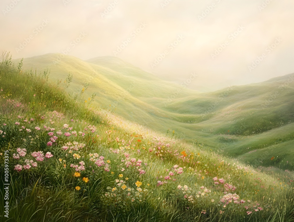 Obraz premium Pastoral scene of undulating hills and lush grassy knolls accented with clusters of vibrant wildflowers in pastel tones diffused natural lighting creating a hazy romantic ambiance