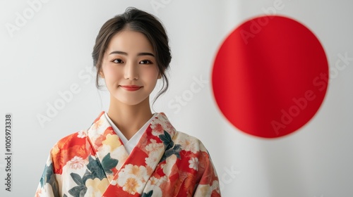 Traditional Japanese Kimono, Portrait of a Smiling Woman Celebrating Cultural Heritage, Perfect for Design, Print, or Poster photo