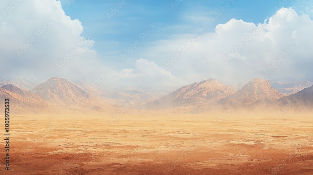 Fototapeta premium A heat haze rising from a vast desert landscape, distorting the view of distant mountains and adding to the sense of extreme temperature.