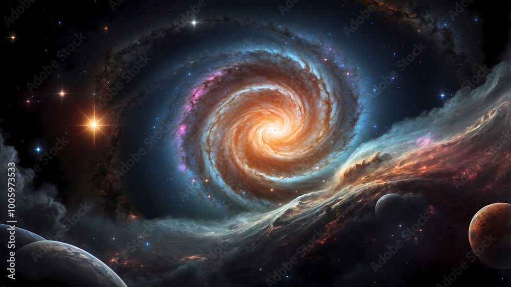 A colorful nebula with swirling clouds of gas and dust, illuminated by a cluster of stars in the center. Distant planets and moons are barely visible through the nebula’s glow A colorful nebula with swirling clouds of gas and dust, illuminated by a cluster of stars in the center. Distant planets and moons are barely visible through the nebula’s glow