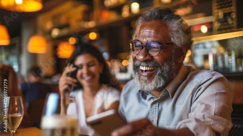 A man is smiling and holding a cell phone while sitting at a table with a woman