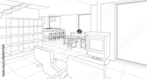 interior kitchen living room 3d illustration	
