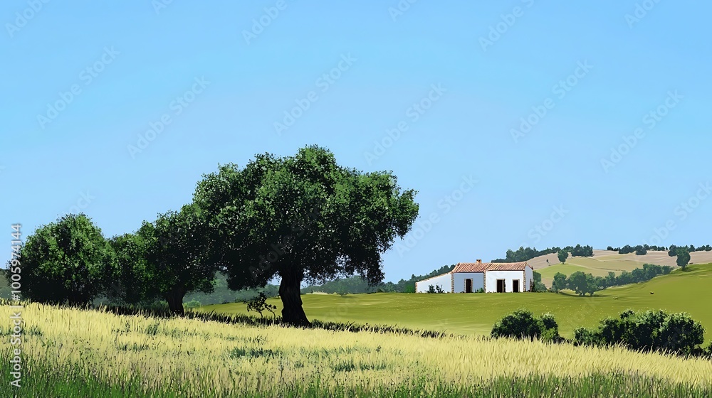 Fototapeta premium Countryside Cottage with Lush Green Trees and Rolling Hills.
