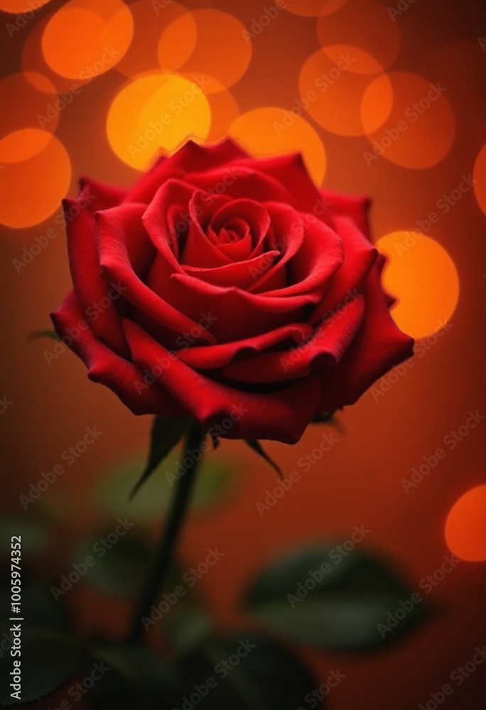 A vibrant red rose with a bokeh background of warm lights, symbolizing love and romance A vibrant red rose with a bokeh background of warm lights, symbolizing love and romance