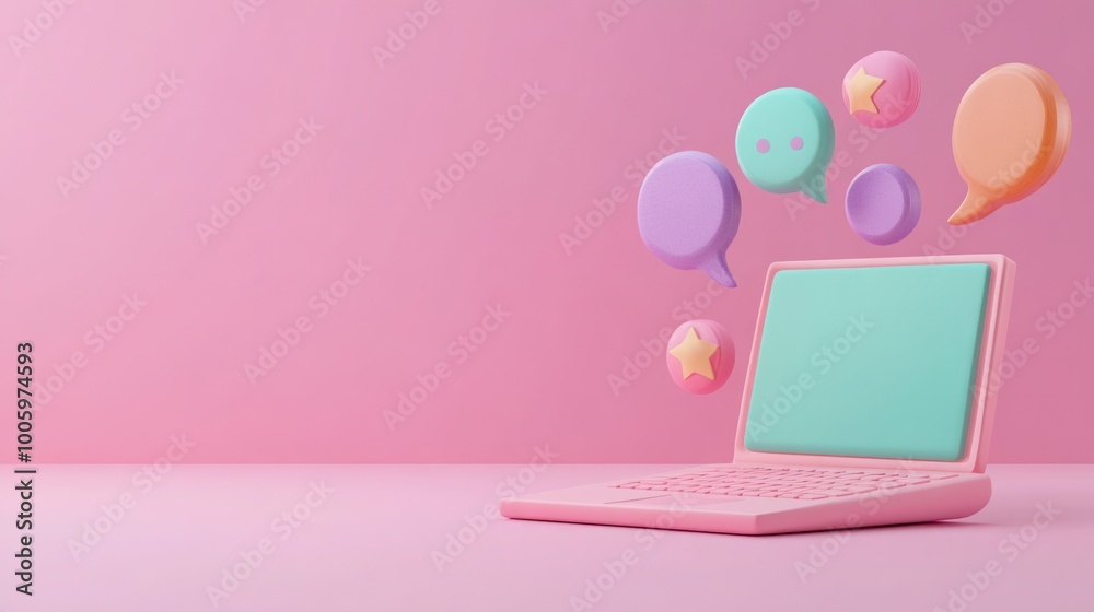 A pink laptop with colorful chat bubbles, symbolizing communication and social interaction. A pink laptop with colorful chat bubbles, symbolizing communication and social interaction.
