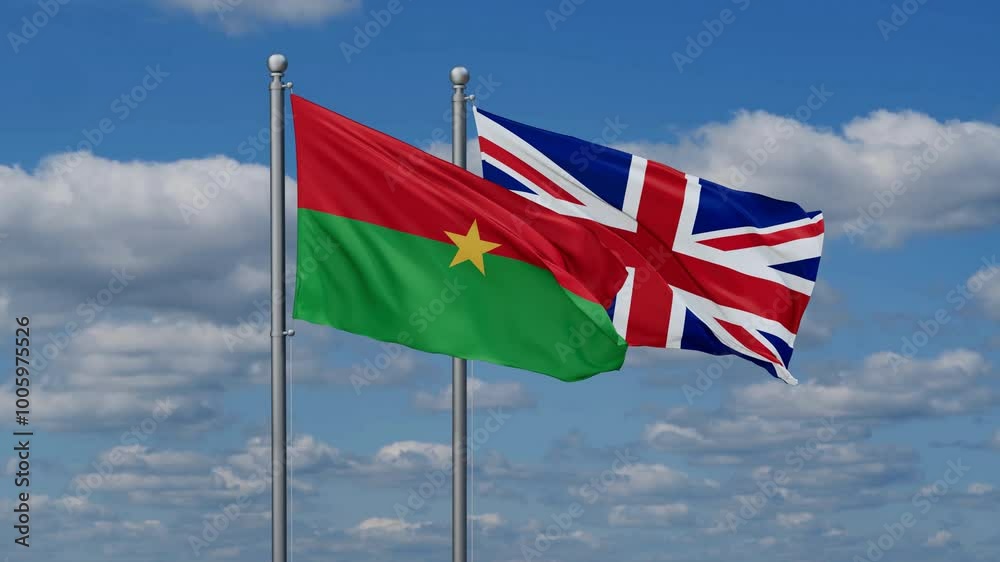 United Kingdom and Burkina Faso flags flying together, video concept of the relationship, two country cooperation concept