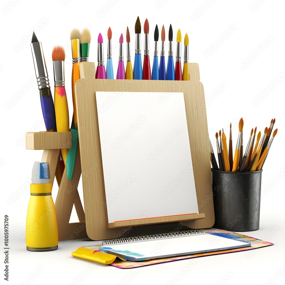 A wooden easel with a white canvas and a variety of paintbrushes and paints A wooden easel with a white canvas and a variety of paintbrushes and paints
