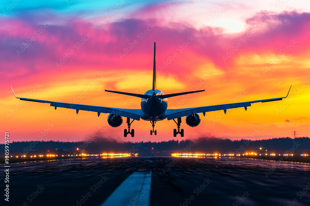 A jet plane is flying through a beautiful sunset. The sky is filled with vibrant colors, creating a serene and peaceful atmosphere. The plane is the main focus of the image A jet plane is flying through a beautiful sunset. The sky is filled with vibrant colors, creating a serene and peaceful atmosphere. The plane is the main focus of the image