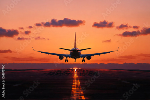 A jet plane is flying through a sunset sky. The plane is on a runway and is taking off