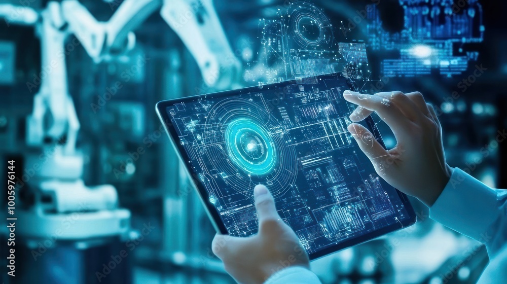 A person interacts with a tablet displaying digital data in an industrial setting.