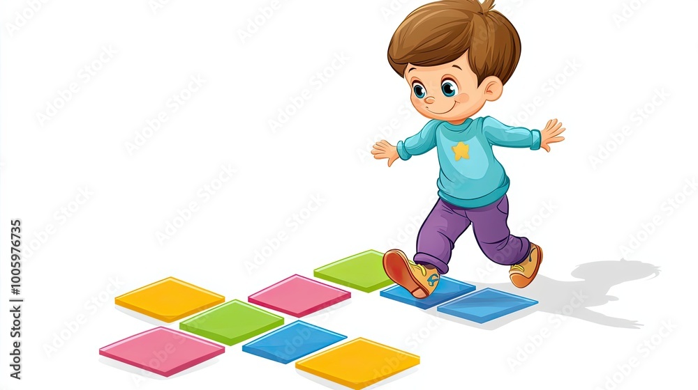 Cartoon Boy Playing on Colorful Square Tiles Cartoon Boy Playing on Colorful Square Tiles