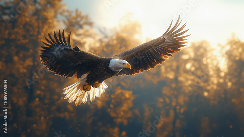 Majestic bald eagle soaring over misty forest in golden light at sunrise.  
 photo