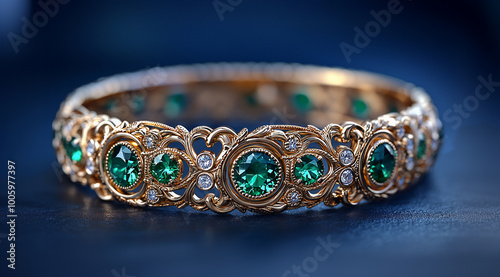 Luxurious gold bracelet adorned with green gemstones in an ornate design. 