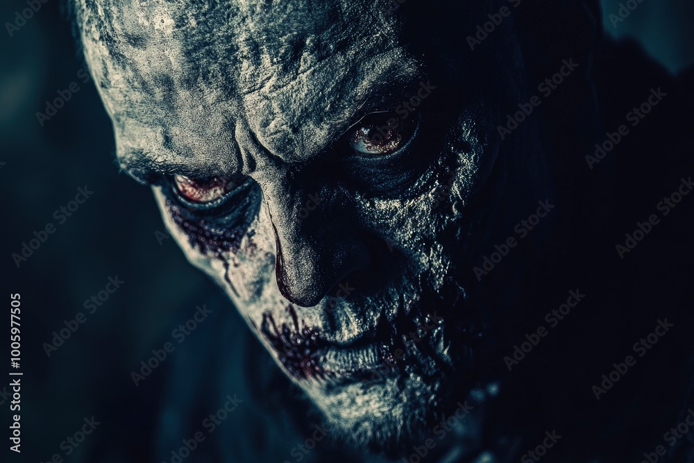 Scary and creepy male monster with gouged eyes looking like a skull - generative ai Scary and creepy male monster with gouged eyes looking like a skull - generative ai