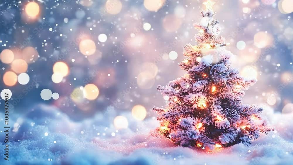 Snowy Christmas Tree with Twinkling Lights in Winter Wonderland Snowy Christmas Tree with Twinkling Lights in Winter Wonderland