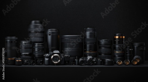 A collection of professional camera equipment and lenses arranged on a dark background.