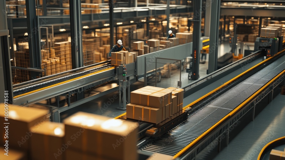 A logistics center with automated conveyor belts sorting packages for delivery, with employees managing the process. A logistics center with automated conveyor belts sorting packages for delivery, with employees managing the process.