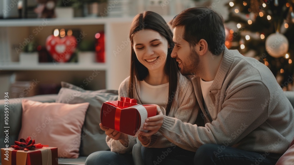 A man and a woman are sitting on a couch, and the man is holding a red box A man and a woman are sitting on a couch, and the man is holding a red box