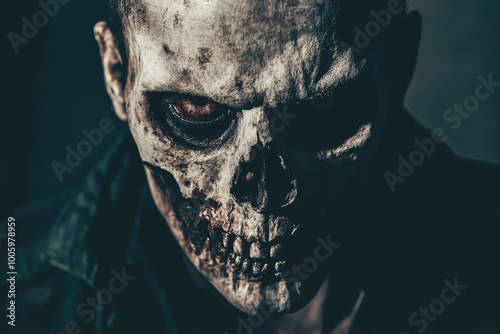 Scary and creepy male monster with gouged eyes looking like a skull - generative ai photo