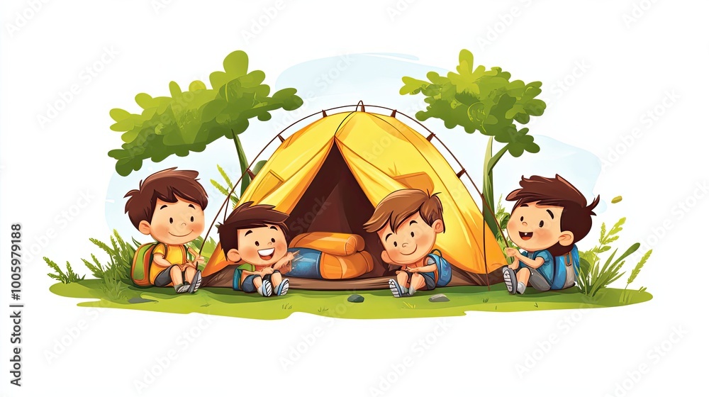 Naklejka premium Four Boys Sitting Outside a Yellow Tent in a Green Forest
