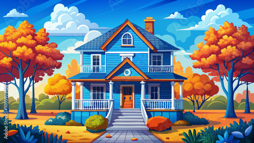 A two-story blue wooden house with a porch and stairs, surrounded by colorful autumn trees and a bright blue sky with fluffy white clouds