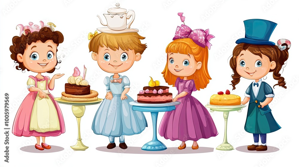 Four Cartoon Girls Dressed in Elegant Attire Serving Cake