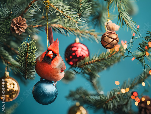 Festive Red Cardinal Hanging from Christmas Ornament