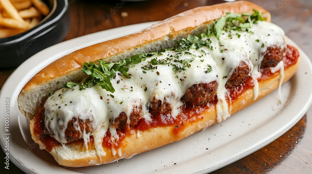 A savory meatball sub topped with marinara sauce and melted provolone cheese A savory meatball sub topped with marinara sauce and melted provolone cheese
