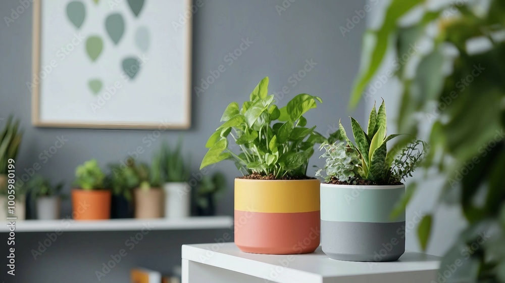 Two potted plants with colorful pots on a white shelf Two potted plants with colorful pots on a white shelf
