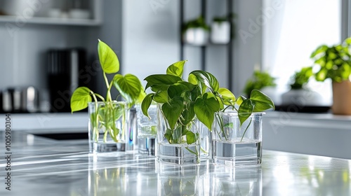 A bright kitchen scene featuring glass containers with water and green plants for propagation.