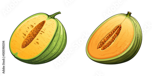Vector illustration of cantaloupe halves, showing juicy, vibrant orange flesh and detailed seeds, ideal for food and health designs. Generative AI.