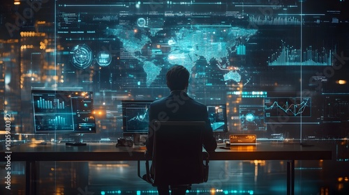 Wallpaper Mural Entrepreneur conducting a digital strategy session using advanced holographic data visualization tools and interfaces in a modern high tech startup office environment  Concept of innovative Torontodigital.ca