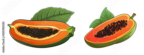 Vector illustration of two halved papaya fruits with seeds and green leaves, showcasing their bright orange interior. Generative AI.