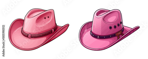 Vector illustration of two pink cowboy hats with detailed designs, isolated on a white background. Generative AI.