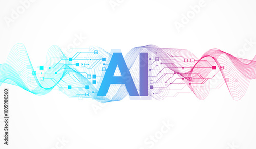 Artificial Intelligence or machine learning illustration design. Quantum computer technology concept with circuit board and motherboard texture background design. Waves flow quantum explosion