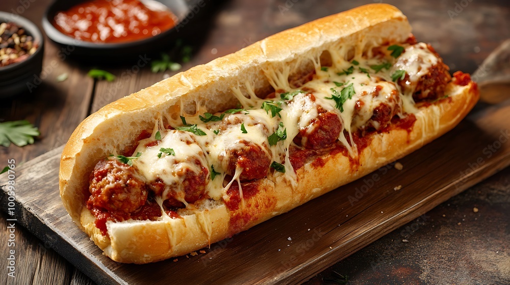 A savory meatball sub topped with marinara sauce and melted provolone cheese A savory meatball sub topped with marinara sauce and melted provolone cheese
