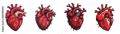 Highly detailed vector illustration of four human anatomical hearts, emphasizing realism and structure. Generative AI.