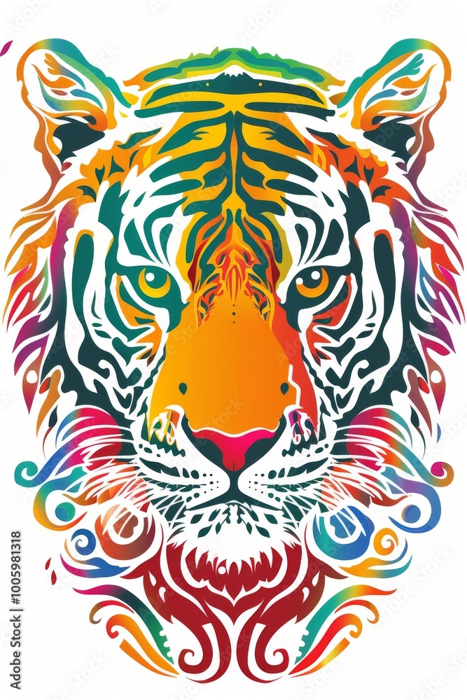 A striking and vibrant illustration of a tiger's head featuring intricate patterns and bold, multicolored designs.