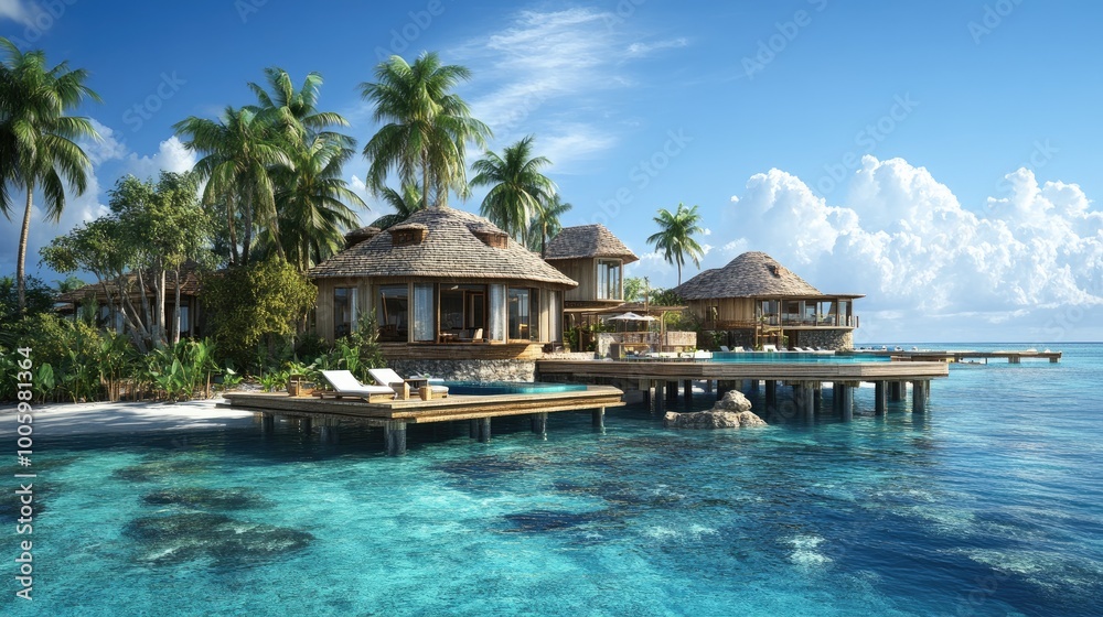 A luxurious resort nestled on a private island, featuring overwater bungalows, palm trees, and a pristine beach with crystal-clear waters. A luxurious resort nestled on a private island, featuring overwater bungalows, palm trees, and a pristine beach with crystal-clear waters.