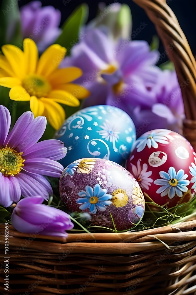 Fototapeta premium vibrant colored Easter eggs in a wicker basket