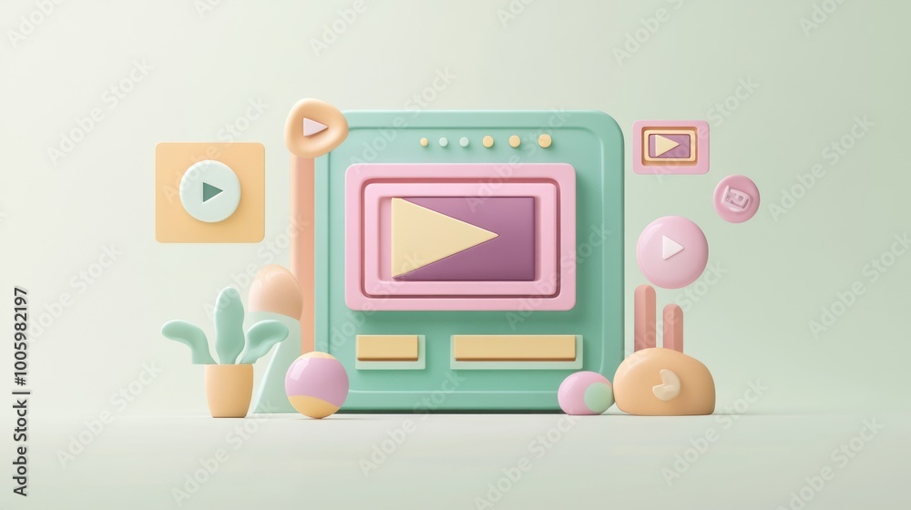 A colorful, playful 3D representation of a video player and media elements. A colorful, playful 3D representation of a video player and media elements.