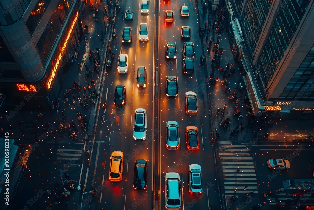 Aerial View of Futuristic Smart City with Autonomous Vehicle Traffic Management