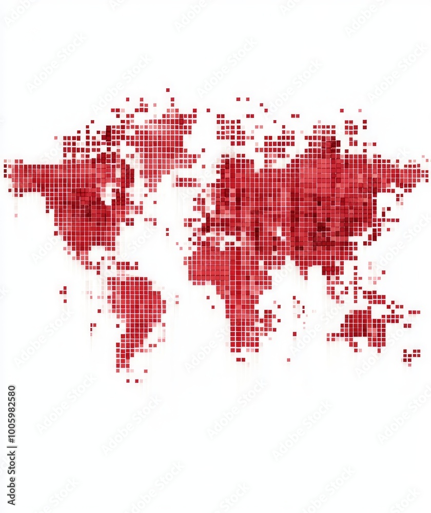 Abstract world map representation using red pixelation.