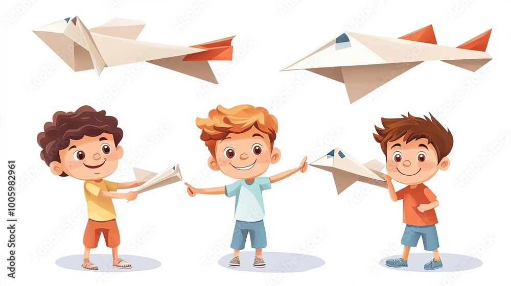 Three Cartoon Boys Playing with Paper Airplanes Three Cartoon Boys Playing with Paper Airplanes