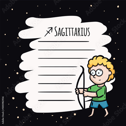 Simple vector notepad page template with Sagittarius zodiac sign. Astrological symbols of the horoscope. Card for text wishes, predictions