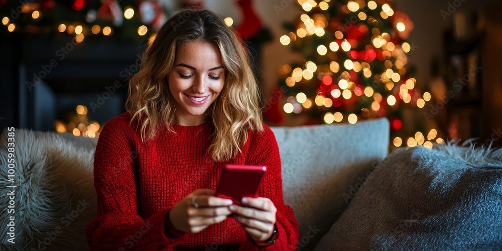 Woman in a red sweater using a smartphone on a cozy sofa, smiling with Christmas tree lights in the background, creating a festive atmosphere. Woman in a red sweater using a smartphone on a cozy sofa, smiling with Christmas tree lights in the background, creating a festive atmosphere.