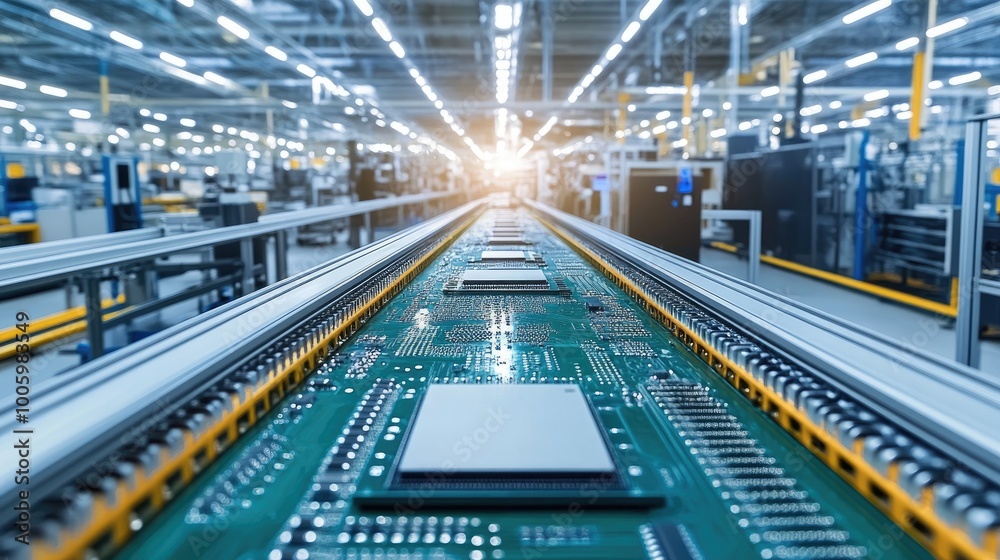 A modern electronics manufacturing facility with circuit boards being assembled on a high-speed automated line.