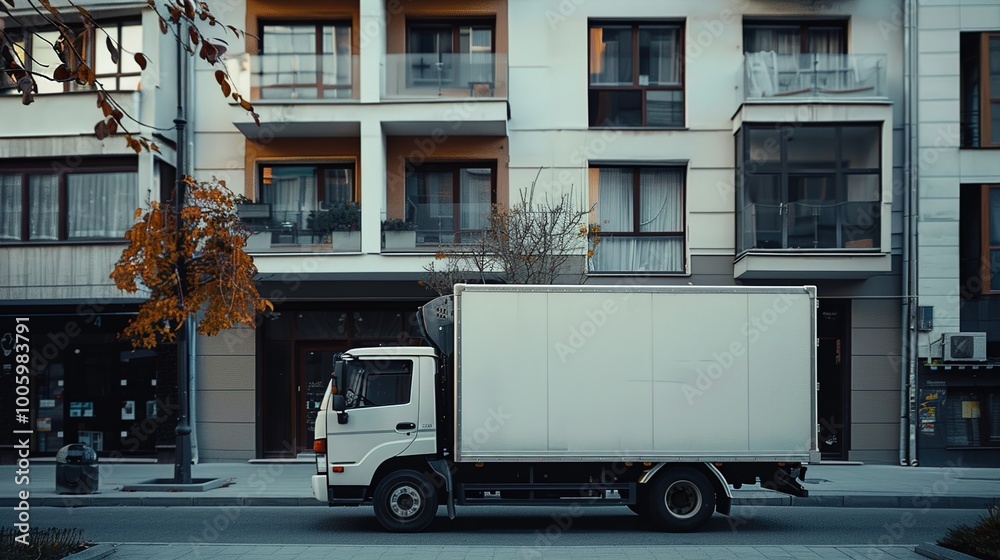 A delivery truck parked outside a residential building